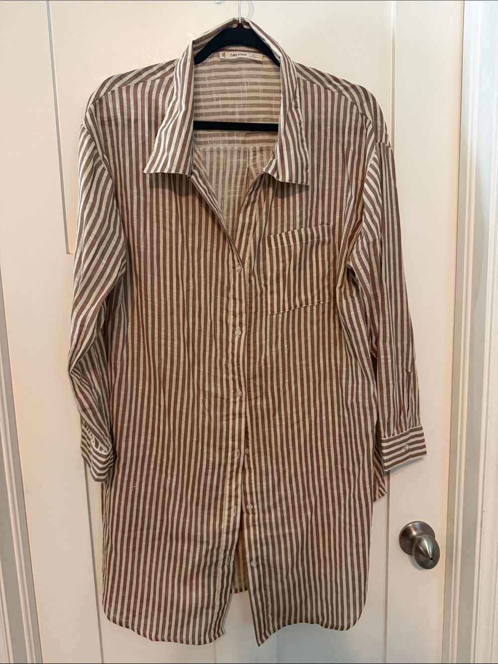 Salty Lemon Brown and White Striped 100% Cotton Button-Up Tunic Shirt